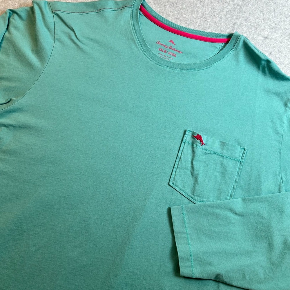 Tommy Bahama Mens 2XL BIG Long Sleeve T Shirt Aqua Blue Pima Cotton Pocket Logo
